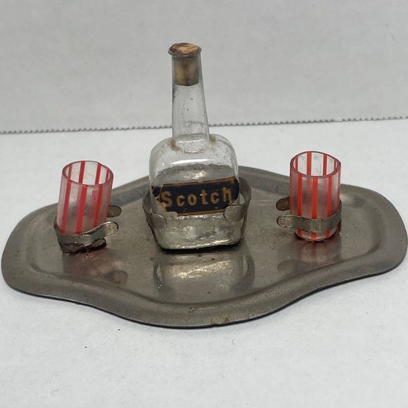 No Brand Other - Antique Early 1940’s Dollhouse Mini Scotch Bottle and Glasses